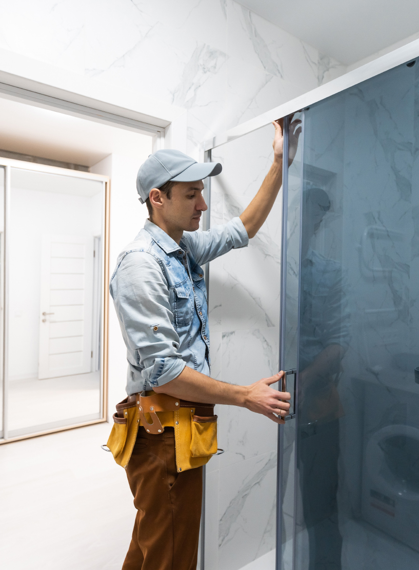 Worker in a tool belt and cap fitting a sliding glass shower door in a tiled bathroom