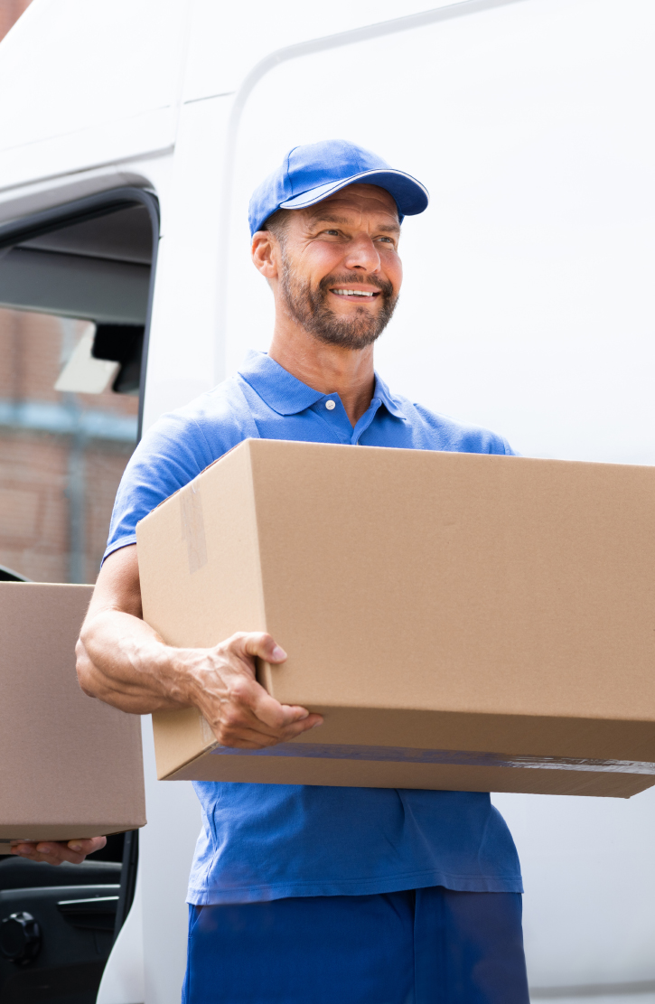 Mover in a blue uniform and cap carrying a cardboard box in front of a white van