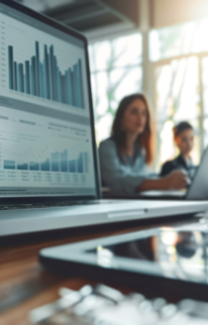 Laptop showing a bar-chart dashboard, two women talking at a sunlit desk behind it